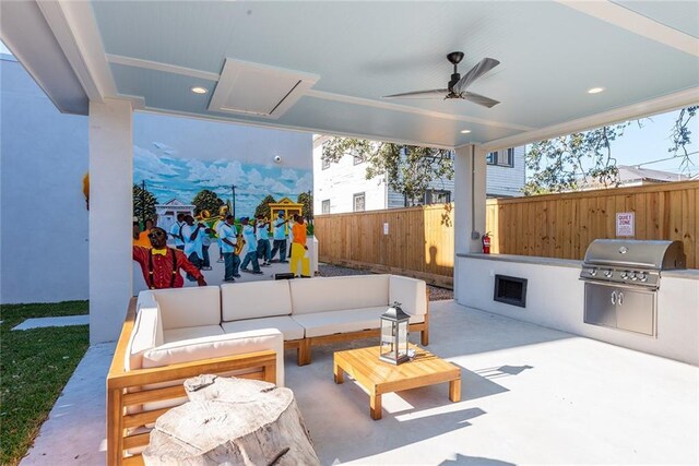 424 S Lopez St, New Orleans, LA 70119 - view of patio / terrace featuring an outdoor hangout area, ceiling fan, and exterior kitchen
