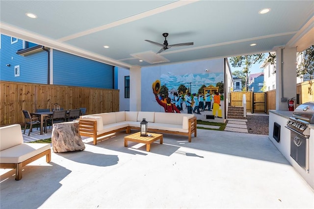 424 S Lopez St, New Orleans, LA 70119 - view of patio with ceiling fan, an outdoor living space, outdoor dining area, and grilling area