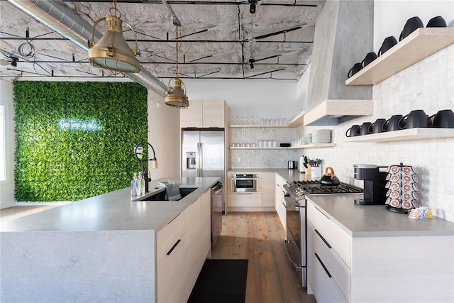 424 S Lopez St, New Orleans, LA 70119 - kitchen featuring open shelves, stainless steel appliances, modern cabinets, decorative backsplash, and light wood-style flooring
