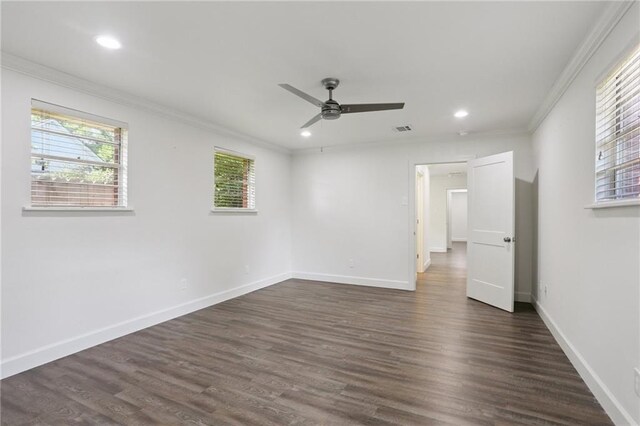920 Hesper Ave, Metairie, LA 70005 - unfurnished room with crown molding, recessed lighting, a ceiling fan, and dark wood-type flooring