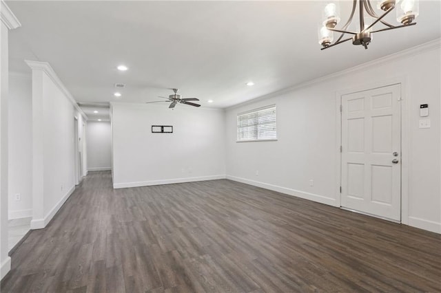 920 Hesper Ave, Metairie, LA 70005 - unfurnished living room featuring dark wood-type flooring, crown molding, a chandelier, a ceiling fan, and recessed lighting