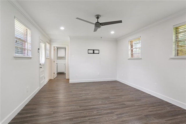 920 Hesper Ave, Metairie, LA 70005 - empty room featuring crown molding, ceiling fan, recessed lighting, and dark wood-style flooring