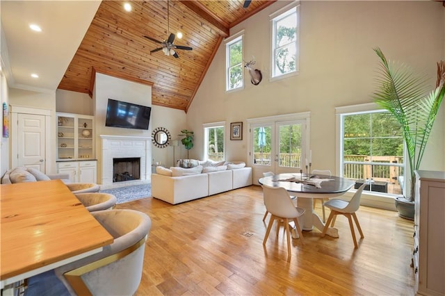 921 Carriage Way, Baton Rouge, LA 70808 - dining space with wood ceiling, high vaulted ceiling, healthy amount of natural light, light wood-style floors, and a ceiling fan