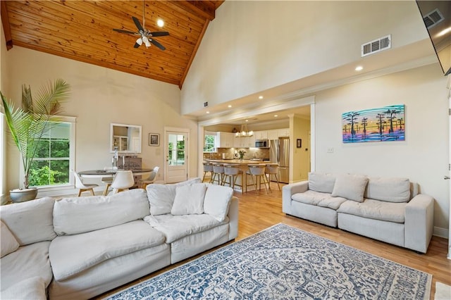 921 Carriage Way, Baton Rouge, LA 70808 - living area with high vaulted ceiling, wooden ceiling, light wood-style floors, a ceiling fan, and a chandelier