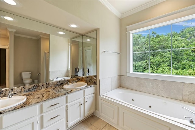 921 Carriage Way, Baton Rouge, LA 70808 - full bath featuring ornamental molding, healthy amount of natural light, double vanity, a tub with jets, and recessed lighting