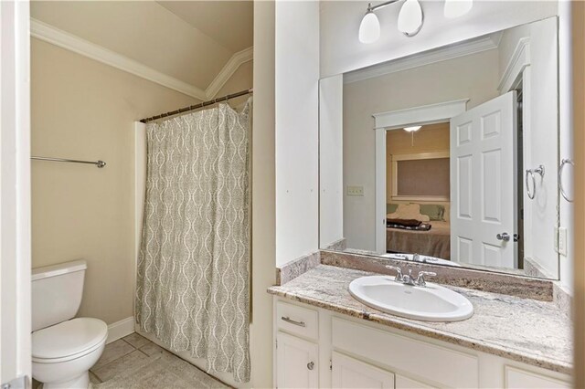 921 Carriage Way, Baton Rouge, LA 70808 - bathroom with vanity, ornamental molding, tile patterned floors, a shower with curtain, and vaulted ceiling