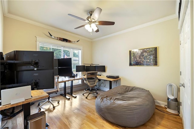 921 Carriage Way, Baton Rouge, LA 70808 - office area featuring a ceiling fan, wood finished floors, and crown molding