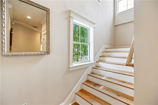 921 Carriage Way, Baton Rouge, LA 70808 - stairs with plenty of natural light, crown molding, and recessed lighting