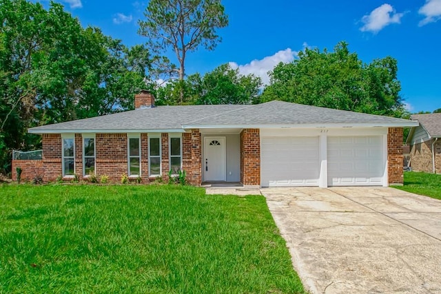 217 Chess Dr, Slidell, LA 70458 - ranch-style home with an attached garage, concrete driveway, a front yard, and a chimney