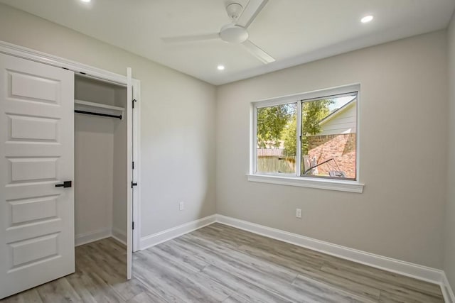 217 Chess Dr, Slidell, LA 70458 - unfurnished bedroom with light wood-type flooring, recessed lighting, a closet, and ceiling fan