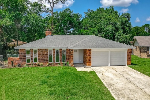 217 Chess Dr, Slidell, LA 70458 - single story home with an attached garage, driveway, roof with shingles, a chimney, and a front lawn