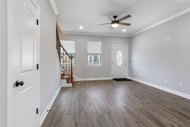 2626 N Dorgenois St, New Orleans, LA 70117 - entrance foyer with ceiling fan, stairway, ornamental molding, dark wood-style flooring, and recessed lighting