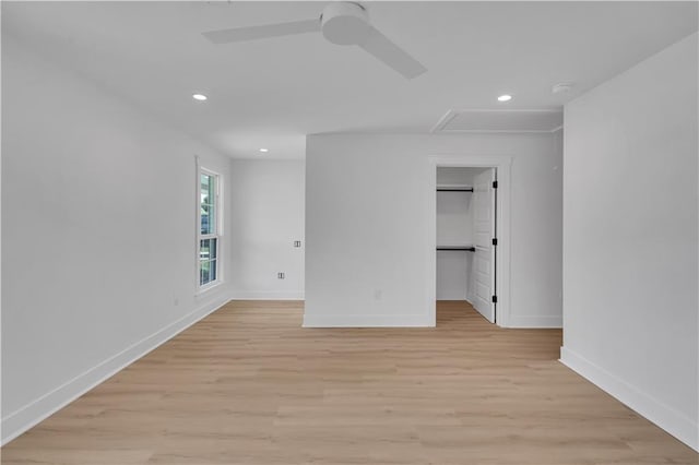 1208 Madison St, Metairie, LA 70001 - empty room featuring ceiling fan, recessed lighting, attic access, light wood finished floors, and a smoke detector
