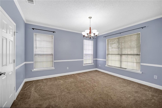 2004 Dierdorff Ct, Slidell, LA 70461 - empty room with a textured ceiling, a chandelier, carpet, and ornamental molding