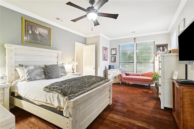 1410 Royal Palm Dr, Slidell, LA 70458 - bedroom featuring dark wood finished floors, ornamental molding, and a ceiling fan