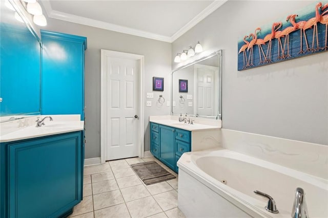 1410 Royal Palm Dr, Slidell, LA 70458 - full bathroom featuring vanity, ornamental molding, a tub with jets, and tile patterned flooring