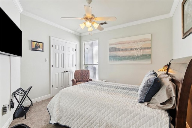 1410 Royal Palm Dr, Slidell, LA 70458 - bedroom with carpet floors, crown molding, and a ceiling fan