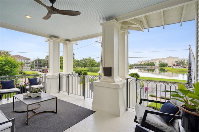 1455 Moss St, New Orleans, LA 70119 - porch featuring a water view and ceiling fan