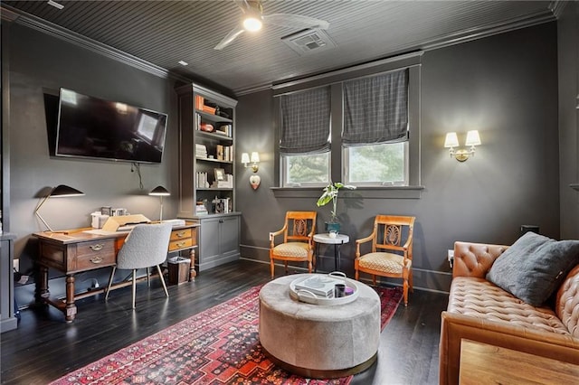 1455 Moss St, New Orleans, LA 70119 - living area with ornamental molding, dark wood-style flooring, and a desk
