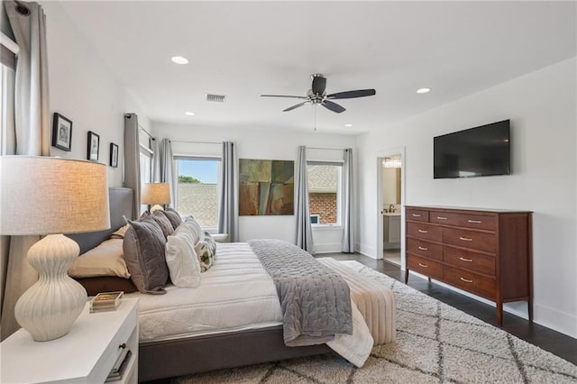800 Ridgelake Dr, Metairie, LA 70001 - bedroom featuring dark wood-style floors, recessed lighting, ceiling fan, and ensuite bathroom