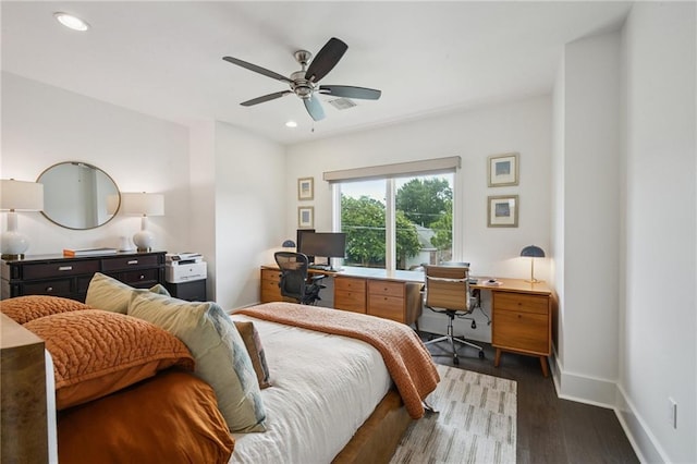 800 Ridgelake Dr, Metairie, LA 70001 - bedroom with an office area, dark wood-type flooring, recessed lighting, and a ceiling fan