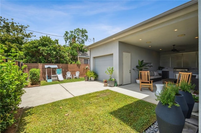 800 Ridgelake Dr, Metairie, LA 70001 - view of yard featuring a garage, concrete driveway, ceiling fan, outdoor lounge area, and a patio
