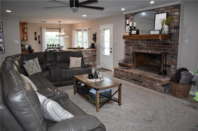 14 Platt St, Kenner, LA 70065 - living area with ceiling fan, a fireplace, recessed lighting, and a chandelier