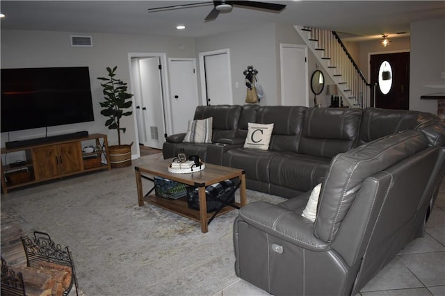 14 Platt St, Kenner, LA 70065 - living area featuring a ceiling fan, stairs, light tile patterned floors, and recessed lighting