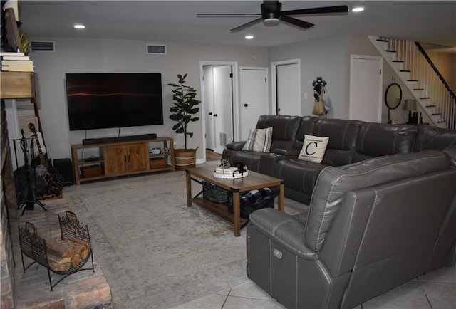 14 Platt St, Kenner, LA 70065 - living room featuring ceiling fan, stairway, light tile patterned flooring, and recessed lighting