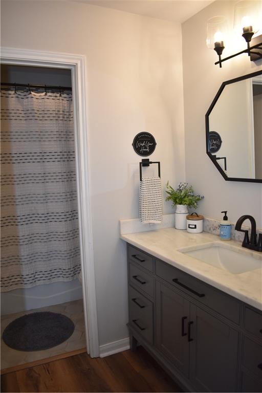14 Platt St, Kenner, LA 70065 - bathroom featuring vanity, wood finished floors, and a shower with shower curtain