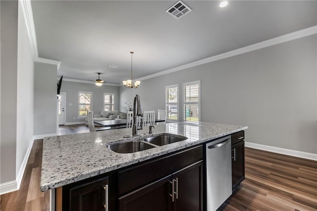 42016 Wood Ave, Ponchatoula, LA 70454 - kitchen featuring stainless steel dishwasher, crown molding, open floor plan, dark wood-style flooring, and decorative light fixtures