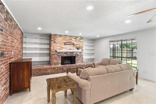 4720 Sheridan Ave, Metairie, LA 70002 - living area featuring a textured ceiling, recessed lighting, a fireplace, brick wall, and built in features