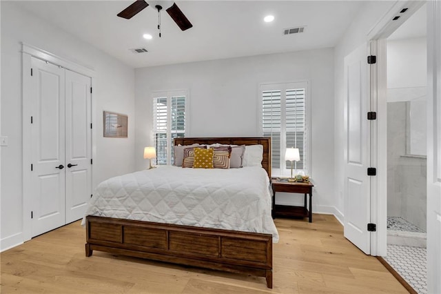 5756 Warrington Dr, New Orleans, LA 70122 - bedroom with light wood-style flooring, recessed lighting, and a ceiling fan