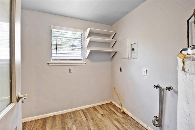 2549 Villere St, Mandeville, LA 70448 - laundry room with light wood-style flooring, hookup for an electric dryer, electric panel, and hookup for a washing machine