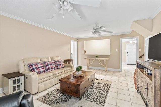 3540 Silver Maple Ct, New Orleans, LA 70131 - living room featuring ceiling fan, light tile patterned floors, and crown molding