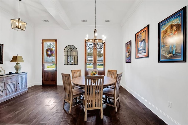 225 Chateau Papillon, Mandeville, LA 70471 - dining room featuring a chandelier, dark wood finished floors, crown molding, and beam ceiling