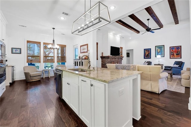 225 Chateau Papillon, Mandeville, LA 70471 - kitchen with open floor plan, a chandelier, stainless steel appliances, dark wood-style flooring, and recessed lighting