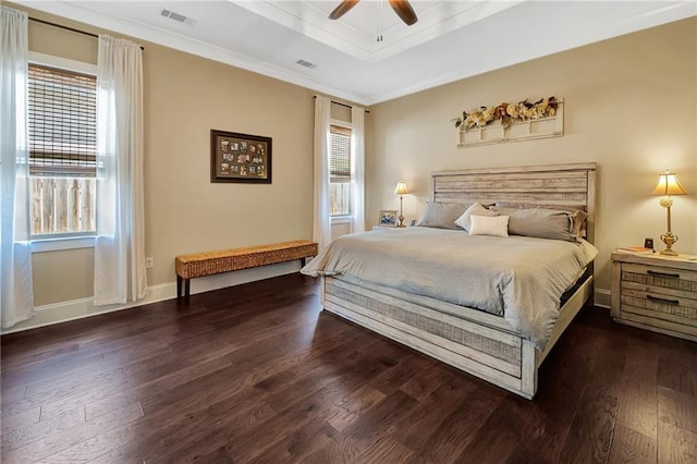 225 Chateau Papillon, Mandeville, LA 70471 - bedroom with dark wood-style floors, ornamental molding, and ceiling fan
