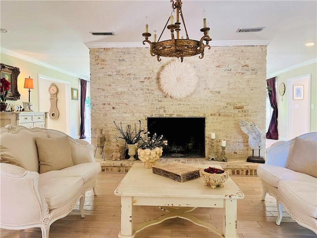 14 Riverbend Ln, Covington, LA 70433 - living area with ornamental molding, hardwood / wood-style flooring, and a fireplace