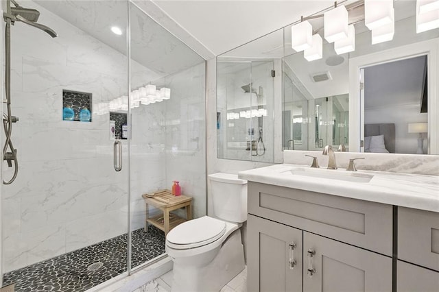 7720 Breakwater Dr, New Orleans, LA 70124 - bathroom featuring marble finish flooring, vanity, a stall shower, and tile walls