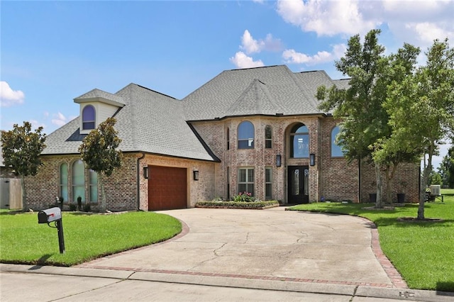 172 River Oaks Dr, La Place, LA 70068 - french country home with a garage, a front lawn, concrete driveway, and brick siding