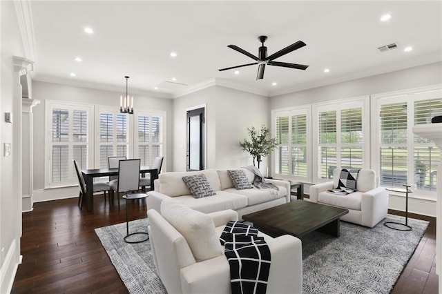 172 River Oaks Dr, La Place, LA 70068 - living room with a ceiling fan, dark wood-type flooring, recessed lighting, and crown molding