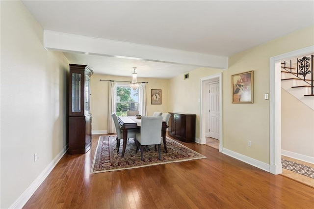5237 Meadowdale St, Metairie, LA 70006 - dining room featuring stairs, wood finished floors, a chandelier, and beam ceiling
