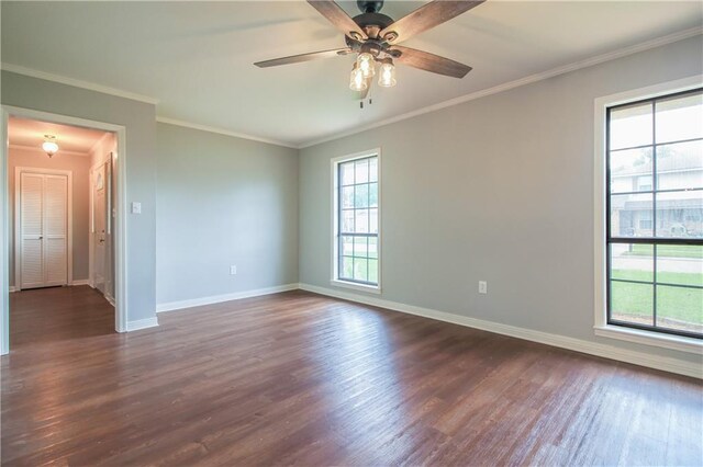 2137 Carmel Valley Dr, La Place, LA 70068 - empty room featuring dark wood finished floors, a ceiling fan, and crown molding