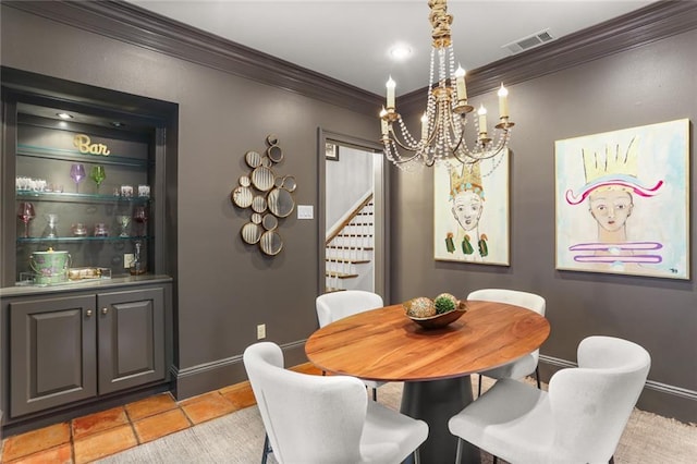1230 Antonine St, New Orleans, LA 70115 - dining room with crown molding, stairway, and a chandelier