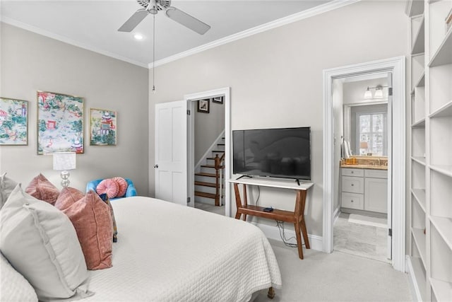 1230 Antonine St, New Orleans, LA 70115 - bedroom with ornamental molding, light colored carpet, ensuite bathroom, a ceiling fan, and recessed lighting