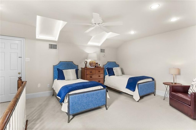 1230 Antonine St, New Orleans, LA 70115 - bedroom featuring carpet flooring, recessed lighting, a skylight, ceiling fan, and vaulted ceiling