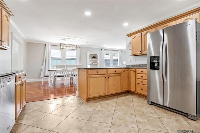 432 Emerald St, New Orleans, LA 70124 - kitchen with stainless steel appliances, a peninsula, light tile patterned flooring, recessed lighting, and ornamental molding