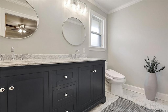 432 Emerald St, New Orleans, LA 70124 - full bathroom with marble look tiles, double vanity, a ceiling fan, and ornamental molding