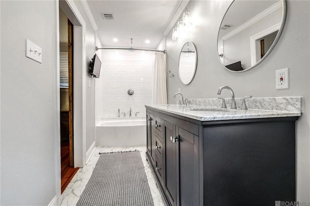 432 Emerald St, New Orleans, LA 70124 - full bath featuring marble look tiles, ornamental molding, double vanity, a combined bath / shower with rainfall shower, and recessed lighting